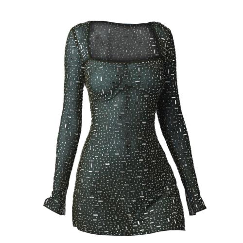 Green Long Sleeve A-Line Sheer Embellished Rhinestone Party Mini Dress