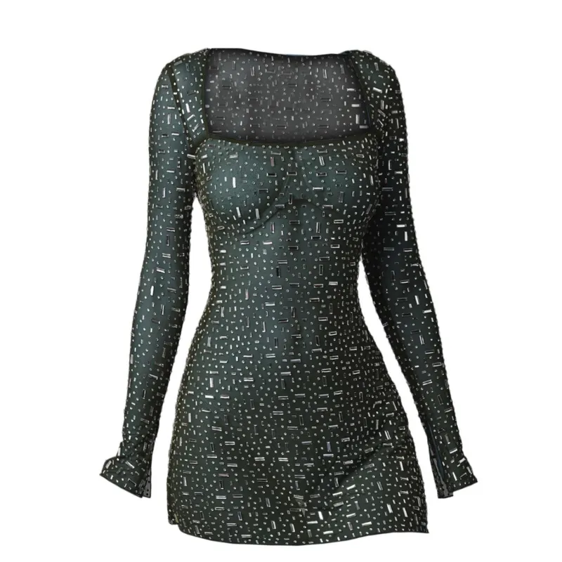 Green Long Sleeve A-Line Sheer Embellished Rhinestone Party Mini Dress