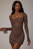 Coffee Long Sleeve A-Line Sheer Embellished Rhinestone Party Mini Dress