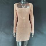 Nude Long Sleeve A-Line Sheer Embellished Rhinestone Party Mini Dress