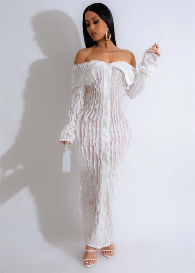 White Off Shoulder Mesh Wavy Button Cardigan Party Midi Dress