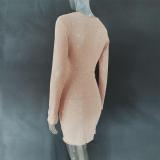 Nude Long Sleeve A-Line Sheer Embellished Rhinestone Party Mini Dress