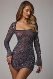 RoyalBlue Long Sleeve A-Line Sheer Embellished Rhinestone Party Mini Dress