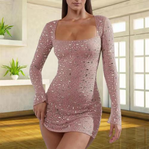 Pink Long Sleeve A-Line Sheer Embellished Rhinestone Party Mini Dress