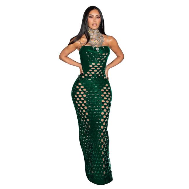 Green Straps Club Velvet Hollow Bandage Sexy Maxi Dress