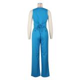 Blue Two Pieces Sleeveless Button Vest Office Lady Sexy Jumpsuits