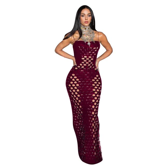 Claret Straps Club Velvet Hollow Bandage Sexy Maxi Dress