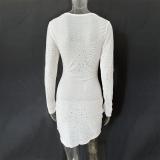 White Long Sleeve A-Line Sheer Embellished Rhinestone Party Mini Dress