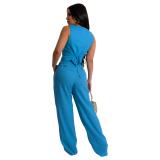 Blue Two Pieces Sleeveless Button Vest Office Lady Sexy Jumpsuits