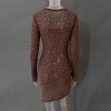 Coffee Long Sleeve A-Line Sheer Embellished Rhinestone Party Mini Dress