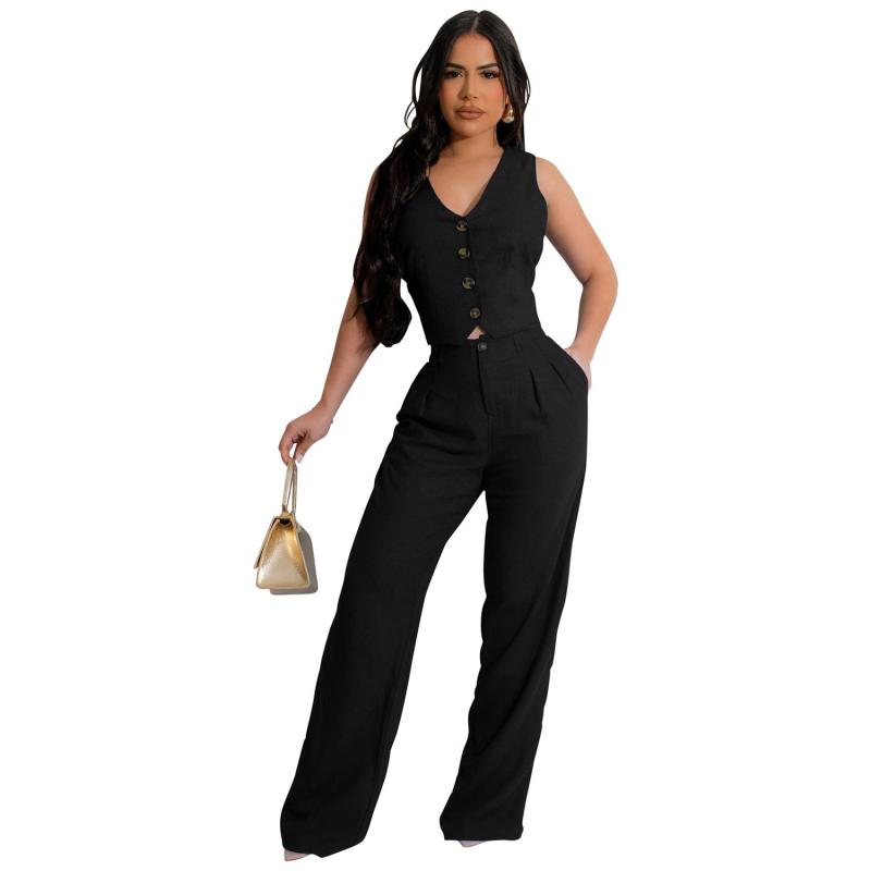 Black Two Pieces Sleeveless Button Vest Office Lady Sexy Jumpsuits
