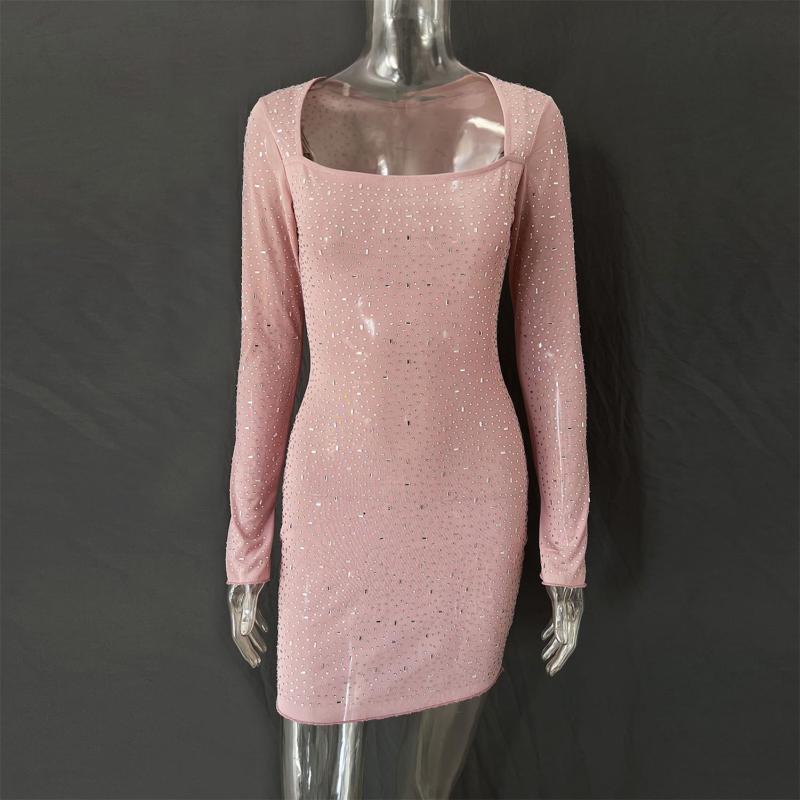 Pink Long Sleeve A-Line Sheer Embellished Rhinestone Party Mini Dress