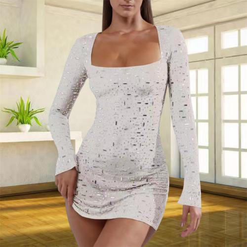 White Long Sleeve A-Line Sheer Embellished Rhinestone Party Mini Dress