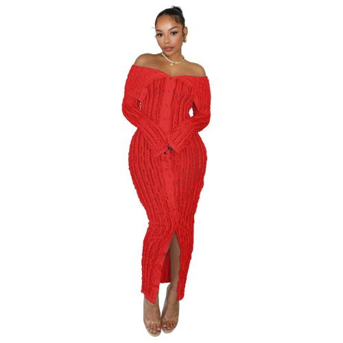 Red Off Shoulder Mesh Wavy Button Cardigan Party Midi Dress