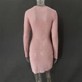 Pink Long Sleeve A-Line Sheer Embellished Rhinestone Party Mini Dress