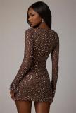 Coffee Long Sleeve A-Line Sheer Embellished Rhinestone Party Mini Dress