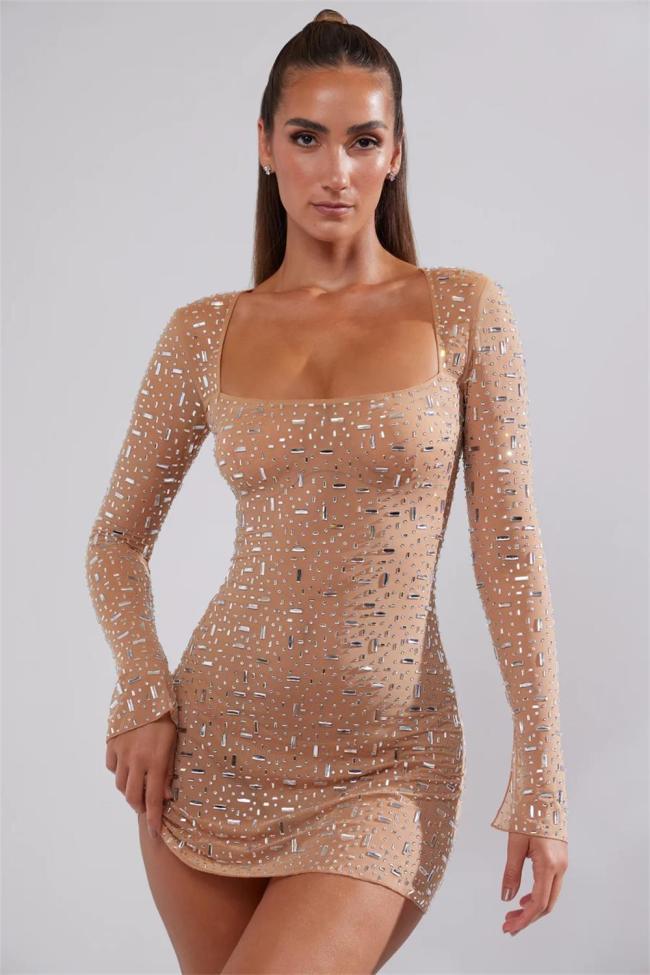 Nude Long Sleeve A-Line Sheer Embellished Rhinestone Party Mini Dress