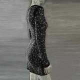 Black Long Sleeve A-Line Sheer Embellished Rhinestone Party Mini Dress