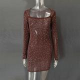 Coffee Long Sleeve A-Line Sheer Embellished Rhinestone Party Mini Dress