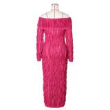 RoseRed Off Shoulder Mesh Wavy Button Cardigan Party Midi Dress