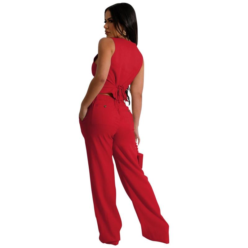 Red Two Pieces Sleeveless Button Vest Office Lady Sexy Jumpsuits