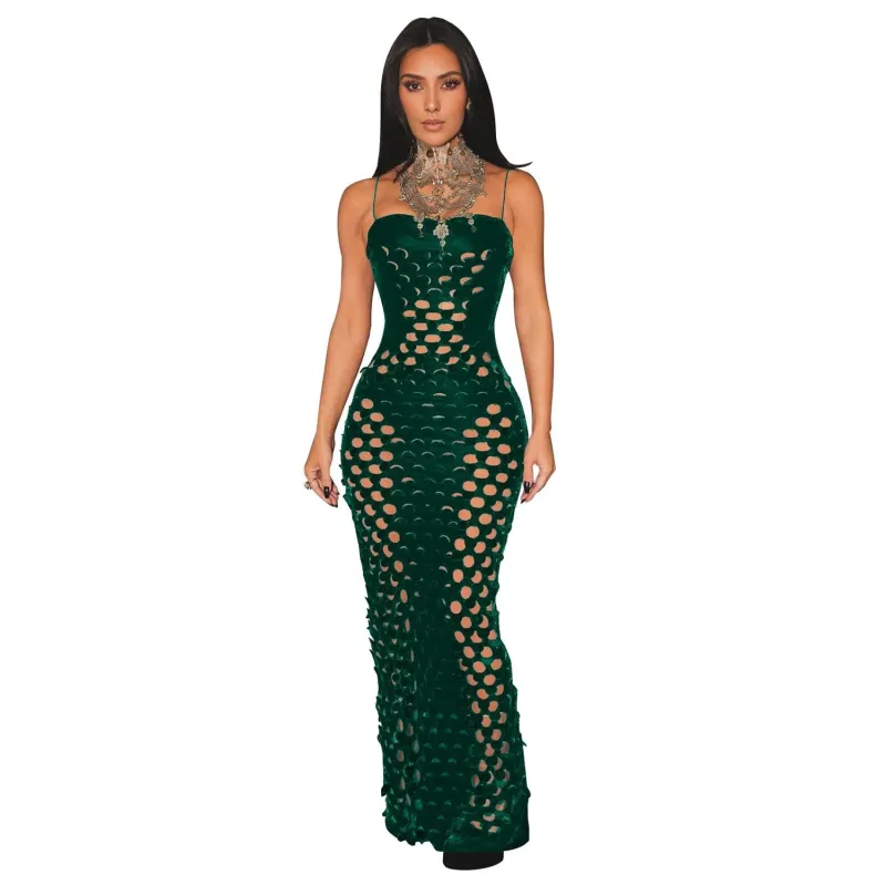 Green Straps Club Velvet Hollow Bandage Sexy Maxi Dress