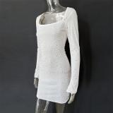 White Long Sleeve A-Line Sheer Embellished Rhinestone Party Mini Dress