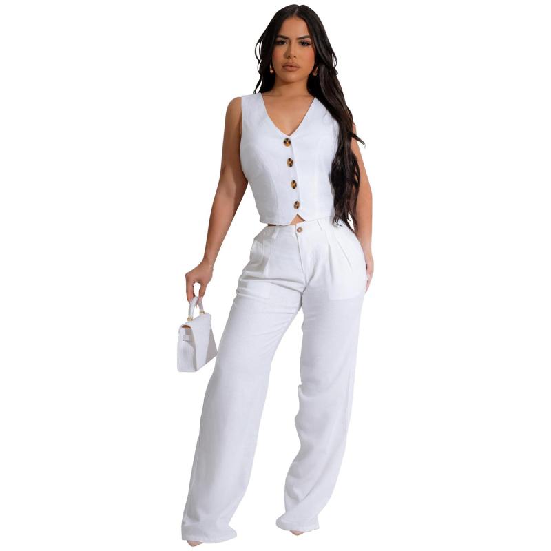 White Two Pieces Sleeveless Button Vest Office Lady Sexy Jumpsuits