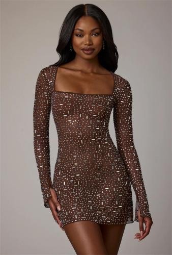 Coffee Long Sleeve A-Line Sheer Embellished Rhinestone Party Mini Dress