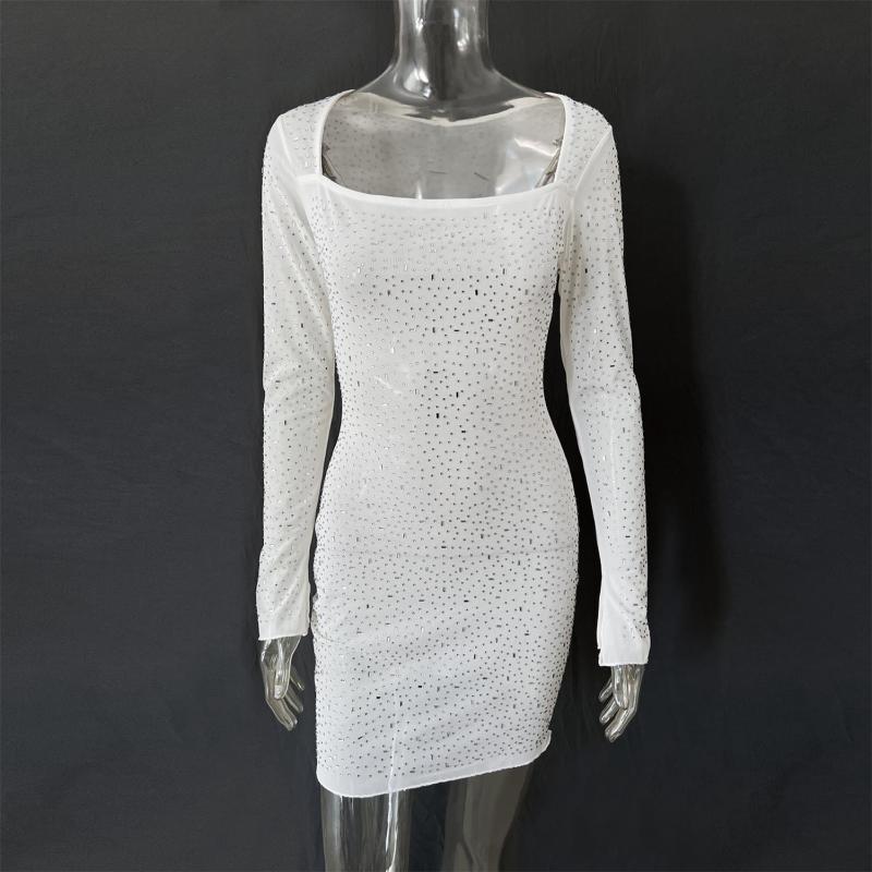 White Long Sleeve A-Line Sheer Embellished Rhinestone Party Mini Dress