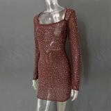 Coffee Long Sleeve A-Line Sheer Embellished Rhinestone Party Mini Dress