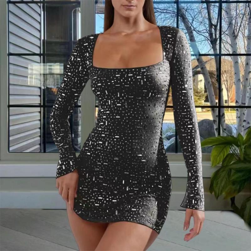 Black Long Sleeve A-Line Sheer Embellished Rhinestone Party Mini Dress