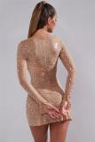 Nude Long Sleeve A-Line Sheer Embellished Rhinestone Party Mini Dress