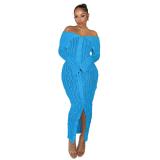 Blue Off Shoulder Mesh Wavy Button Cardigan Party Midi Dress