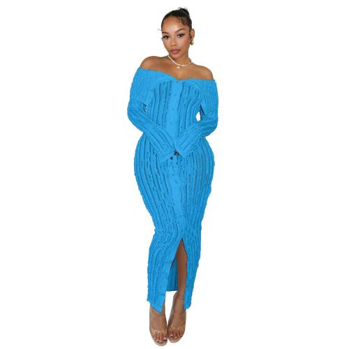 Blue Off Shoulder Mesh Wavy Button Cardigan Party Midi Dress