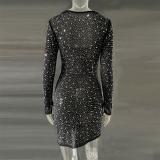Black Long Sleeve A-Line Sheer Embellished Rhinestone Party Mini Dress