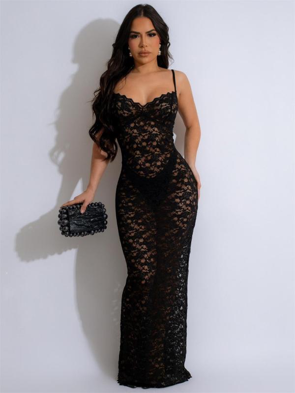 Black Straps Lace Hollow Out See Though Party Prom Long Dress
