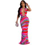 RoseRed Printing Sleeveless Deep V Neck Holidays Backless Long Dress
