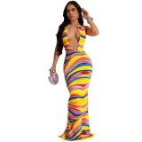 Yellow Printing Sleeveless Deep V Neck Holidays Backless Long Dress