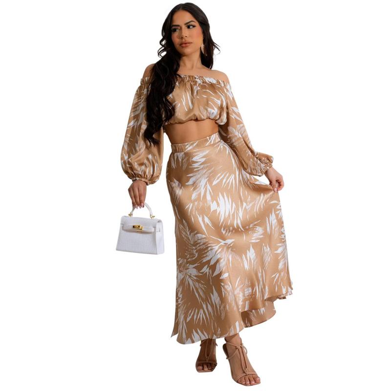 Khaki Off Shoulder Crop Tops Printing Two Piece Vacation Skirt Dress