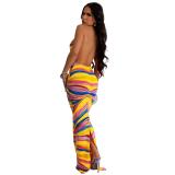 Yellow Printing Sleeveless Deep V Neck Holidays Backless Long Dress