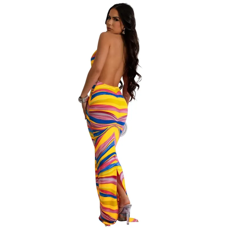 Yellow Printing Sleeveless Deep V Neck Holidays Backless Long Dress