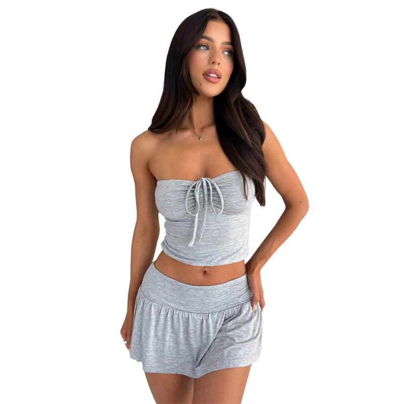LightGray Off Shoulder Bandage Tube Top Pleated Culottes Two-Piece Skirt Set