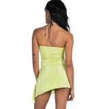 Green Off Shoulder Silk Mesh Pleated Sexy Party Mini Dress