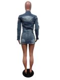 Blue Two Pieces Denim Embroidered Jacket Skirt Suit Mini Dress