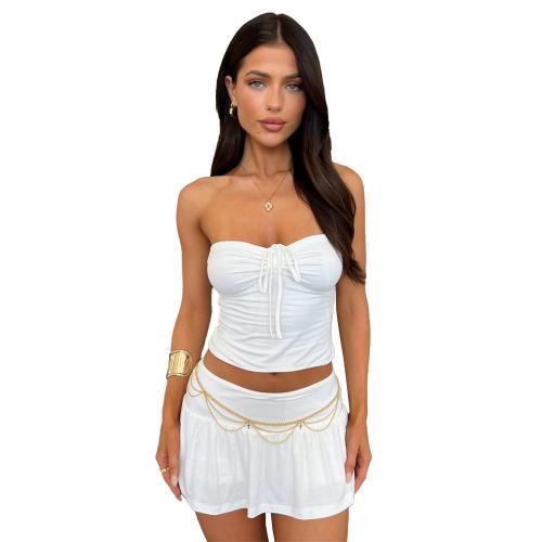 White Off Shoulder Bandage Tube Top Pleated Culottes Two-Piece Skirt Set
