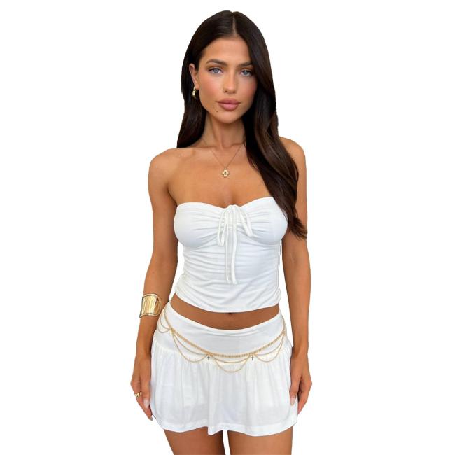 White Off Shoulder Bandage Tube Top Pleated Culottes Two-Piece Skirt Set