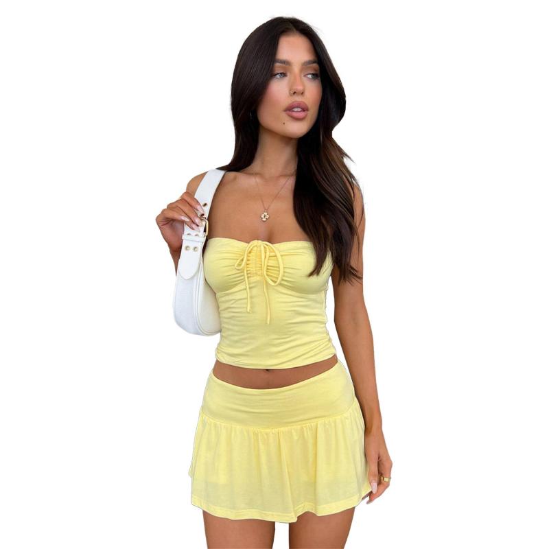 Yellow Off Shoulder Bandage Tube Top Pleated Culottes Two-Piece Skirt Set