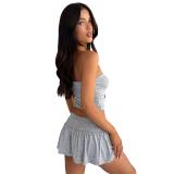 LightGray Off Shoulder Bandage Tube Top Pleated Culottes Two-Piece Skirt Set