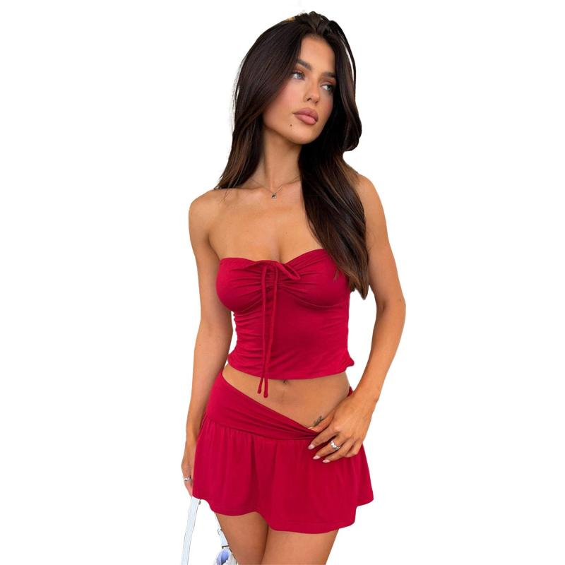 Red Off Shoulder Bandage Tube Top Pleated Culottes Two-Piece Skirt Set